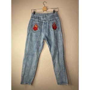 Cotton On High Rise Jeans with Flame Embroidery - Light Blue